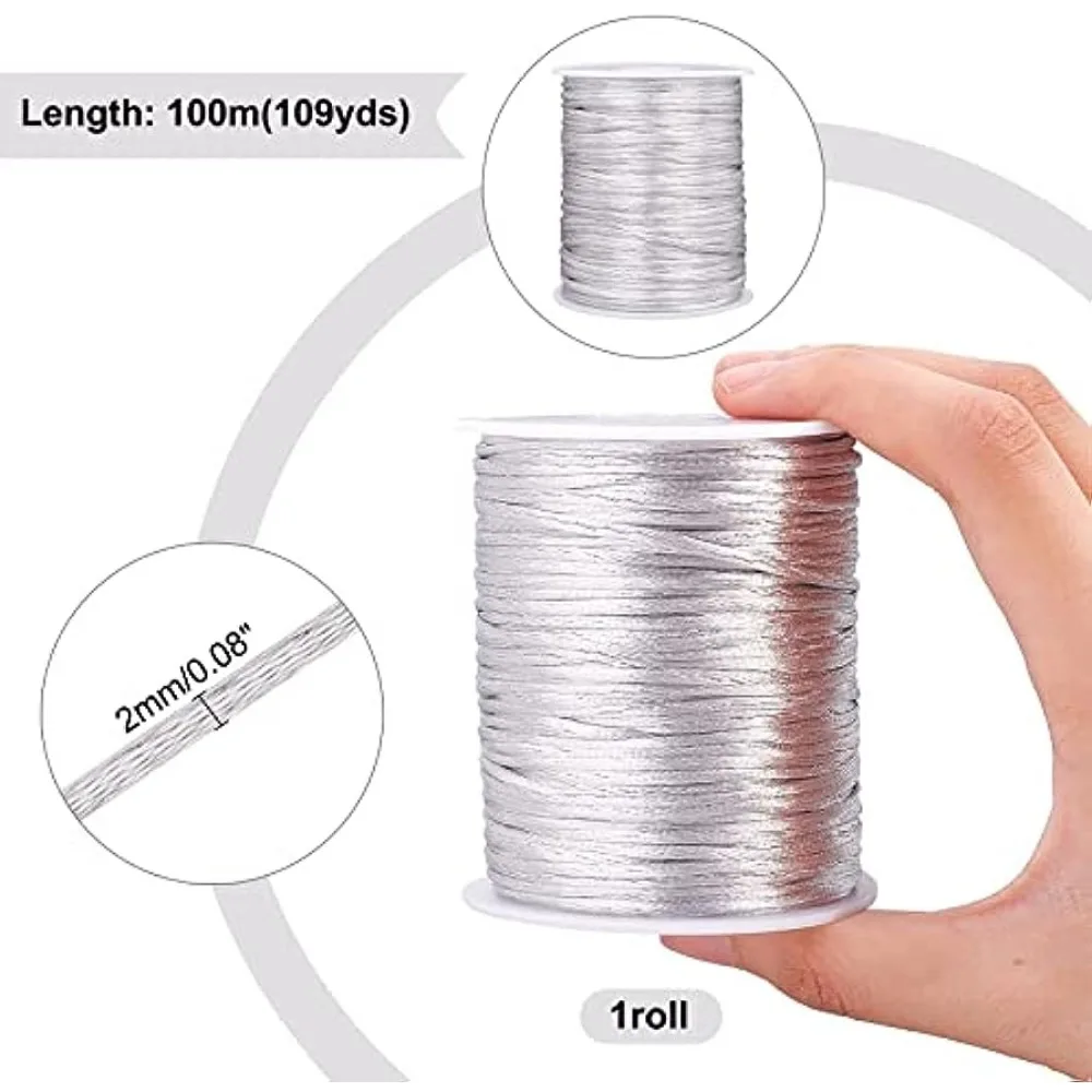 106 Yards Rattail Satin Cord, 2mm Silver Silk Crafts Cords Beading String for Necklace Macrame Friendship Bracelet Chinese