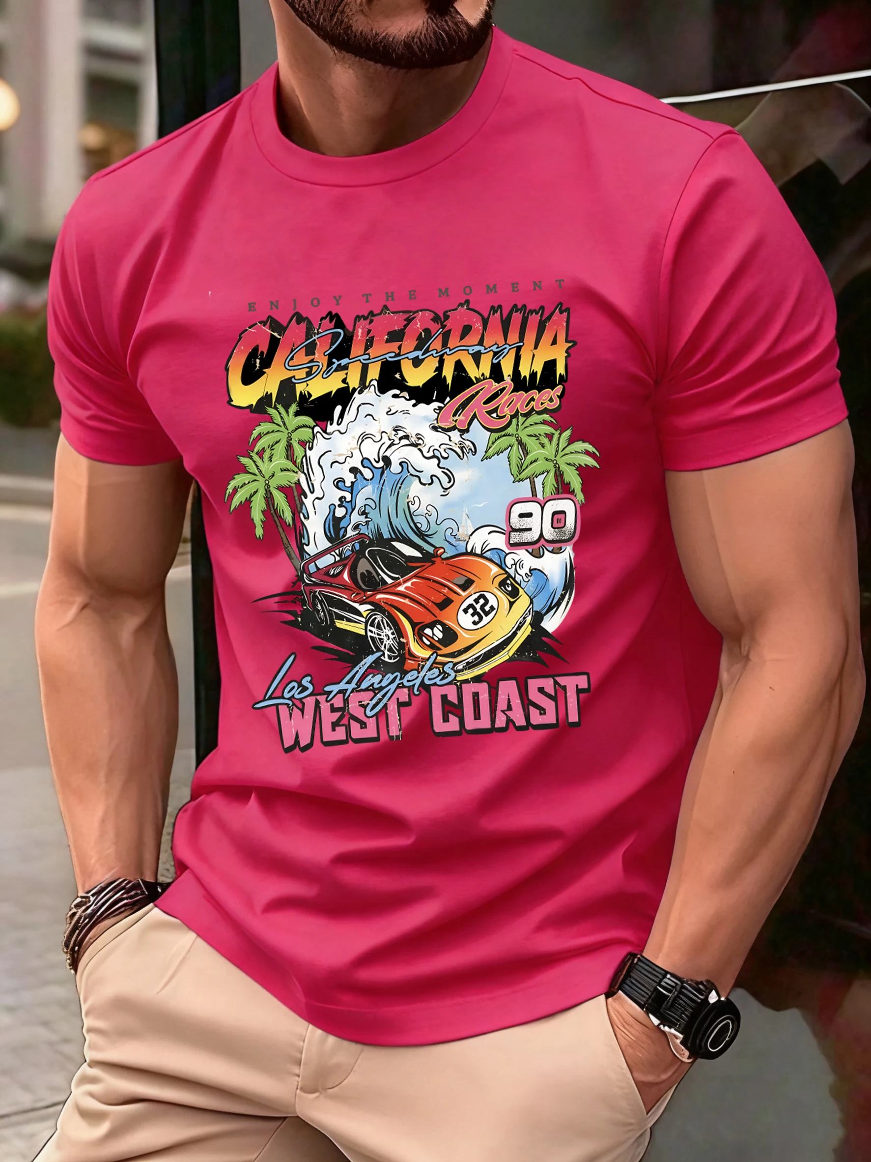 

California West Coast Print Mens T Shirts Hip Hop All-Match Tops Casual Cotton Vintage Clothes Male Loose Crewneck Streetwear