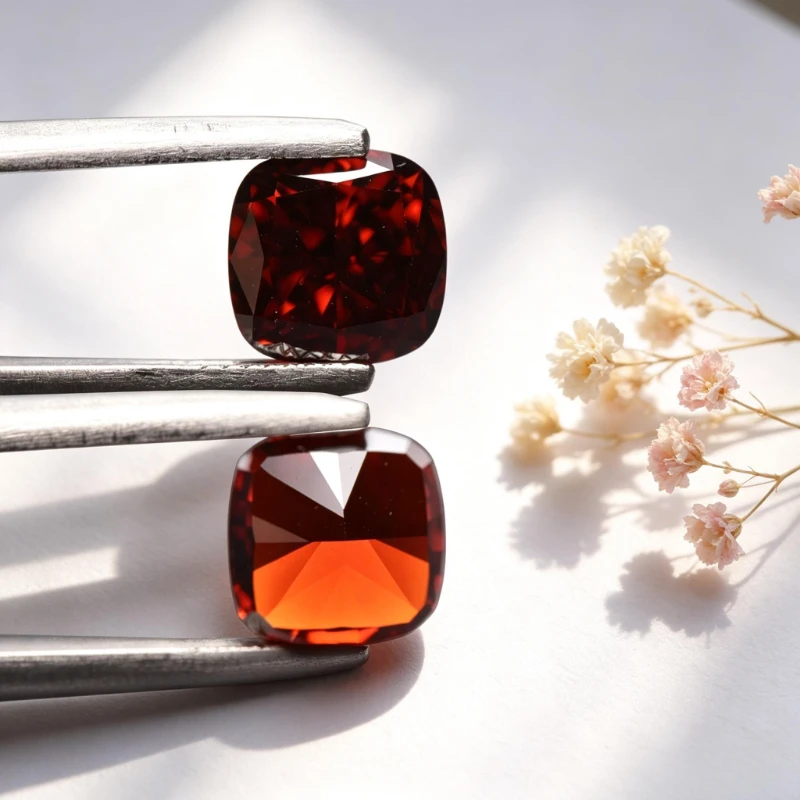 Kubisches Zirkonium, Crushed-Ice-Schliff, quadratische Kissenform, rote Farbe, 5A+-Qualität, CZ, 4K-Schliff, hochkarätiger Diamant – Detail 5