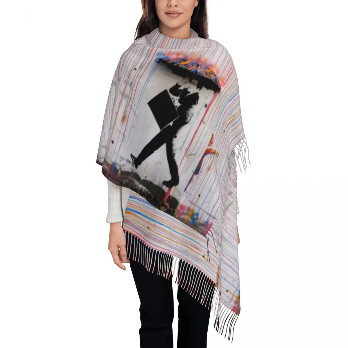 Banksy Umbrella Rainbow Scarf for Womens Warm Winter Cashmere Shawl Wrap Graffiti Spray Paint Long Shawl Scarf for Evening Dress