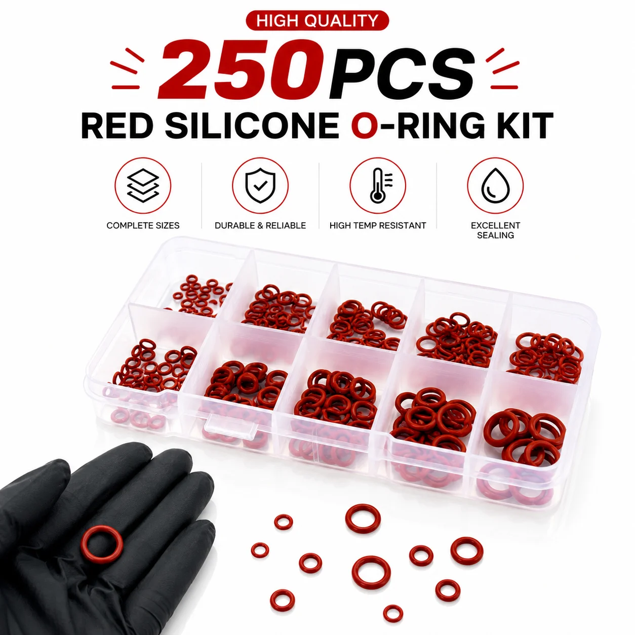 250 CS 1mm/1.5mm Outer Diameter 4-10mm Anti-aging Silicone O-ring, Weather Resistant Sealing Silicone Ring