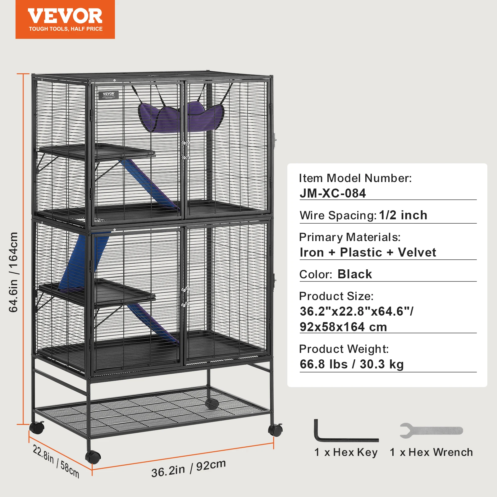 SucceBuy 64,6" rollende metalen fretkooi grote 4-laags Critter Nation Cage kleine dierenkooi voor ratten hamster cavia chinchilla