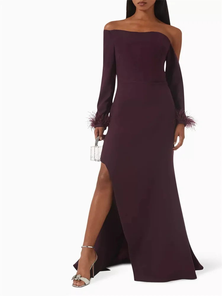 Robe de Soirée en Satin pour Femme, Tenue à Manches sulfavec Plumes, Colonne, Fermeture Éclair au Dos, Longueur au Sol, Nouvelle Collection