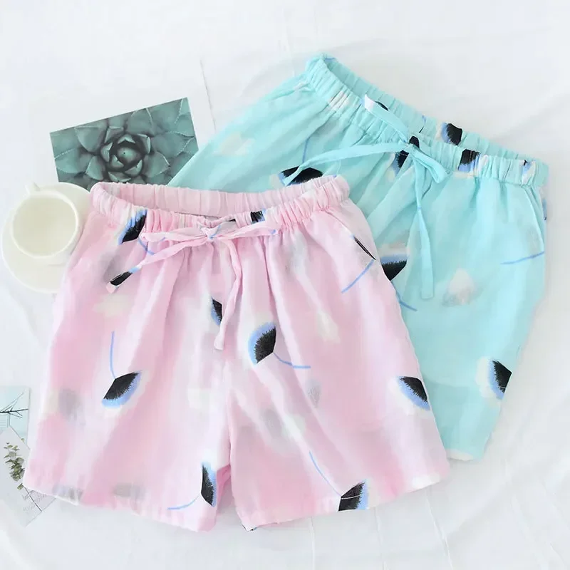Pantalones cortos de algodón para mujer, pantalones de pijama de doble gasa para el hogar, ropa de dormir informal para la playa, Verano
