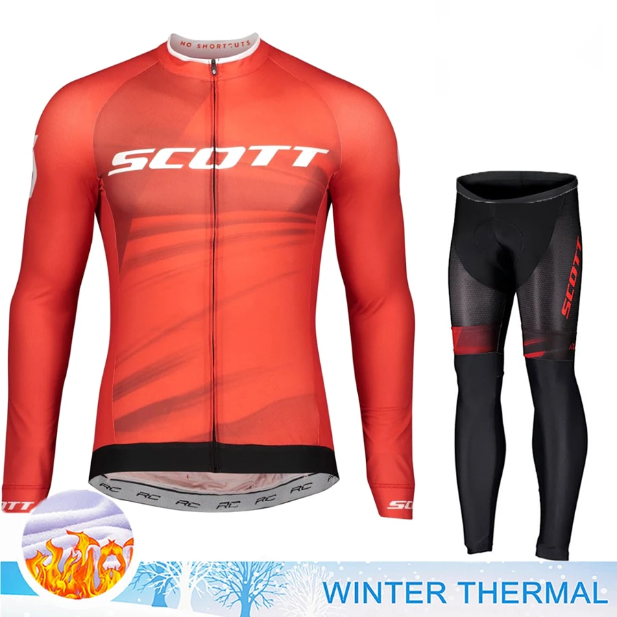 SCOTT Cycling Man Men\'s Pants Gel Shirt Long Sleeve Sportswear Winter Thermal Fleece Jersey Tricuta Mtb Professional Bib Suit