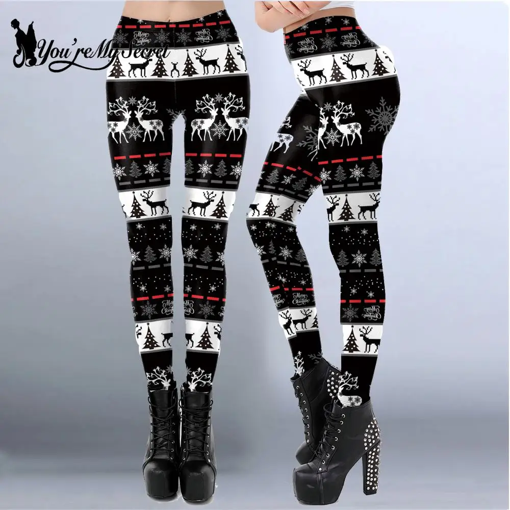 

[You're My Secret] Christmas Leggings for Woman Snowflake Elk Print Pants Xmas Party Pants Girls Sexy Tights Fitness Workout