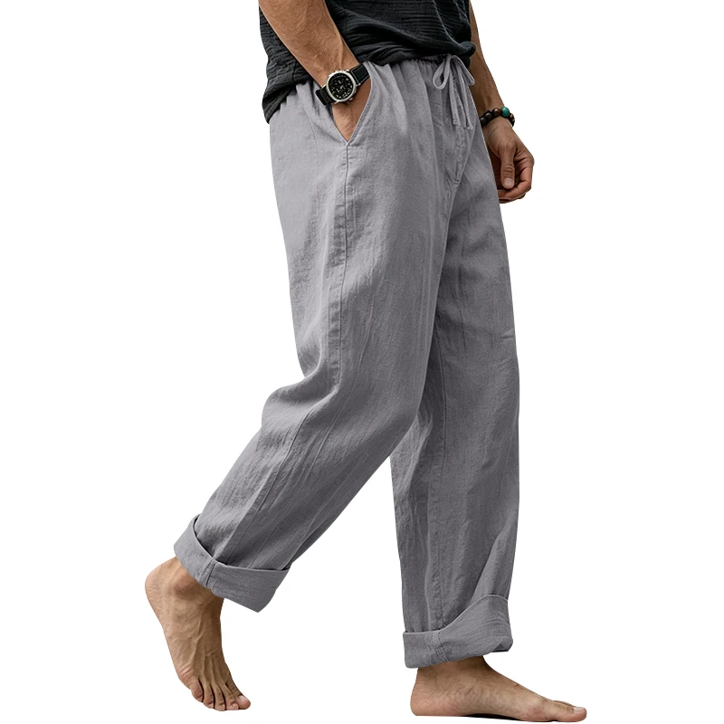 Sommerliche Herren-Leinenhose, Lässige Hawaiian-Hose mit Elastischem Kordelzug, Atmungsaktive Gerade Lange Hose mit Taschen für Alltag und Zuhause – Detail 35