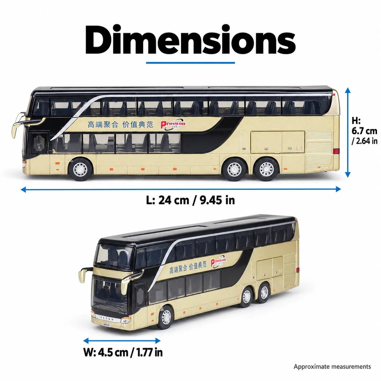 1:60 Double-Decker Coach Luxury Sightseeing Bus Toy Car Diecast Metal Model Pull Back Miniature Display Collection Gift