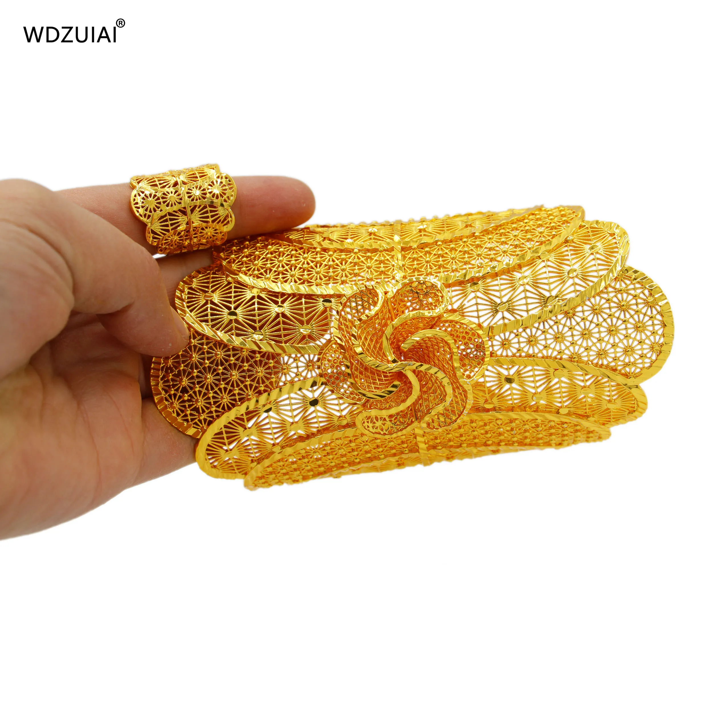 WDZUIAI Dubai 24K Gold Color Freesize Bracelet&Ring Set Women India Bangle African Brazil Ethiopian Bridal Wedding Charm Jewelry