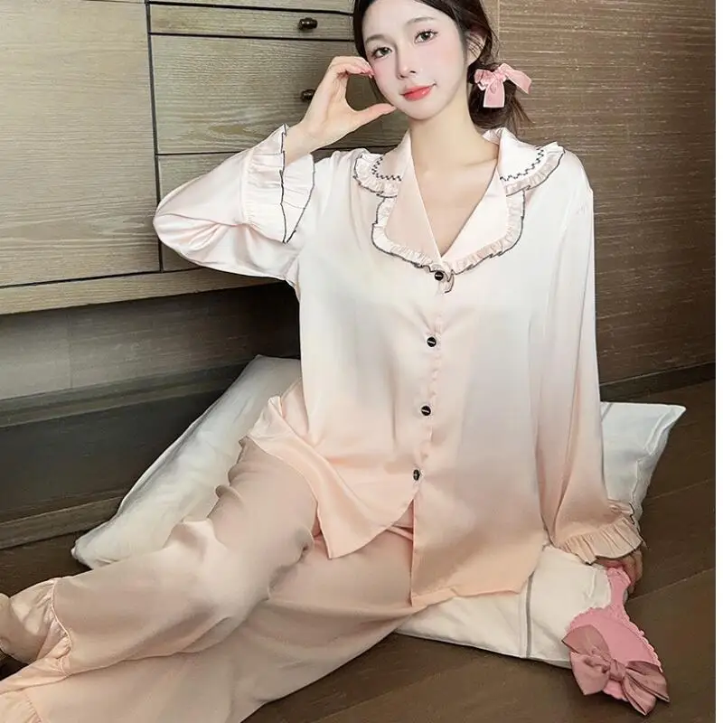 جديد الربيع/الصيف المرأة الحرير الجليد طويلة الأكمام رقيقة بيجامة مجموعة، الراقية الكورية الحلو وأنيقة الفتاة ملابس المنزل نمط جديد #5