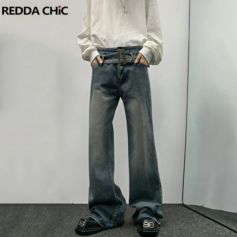 REDDACHIC Belted Flare Jeans for Men Loose Fit Vintage Wash Casual Wide Leg Bootcut Pants Bell Bottoms Y2k Korean Streetwear