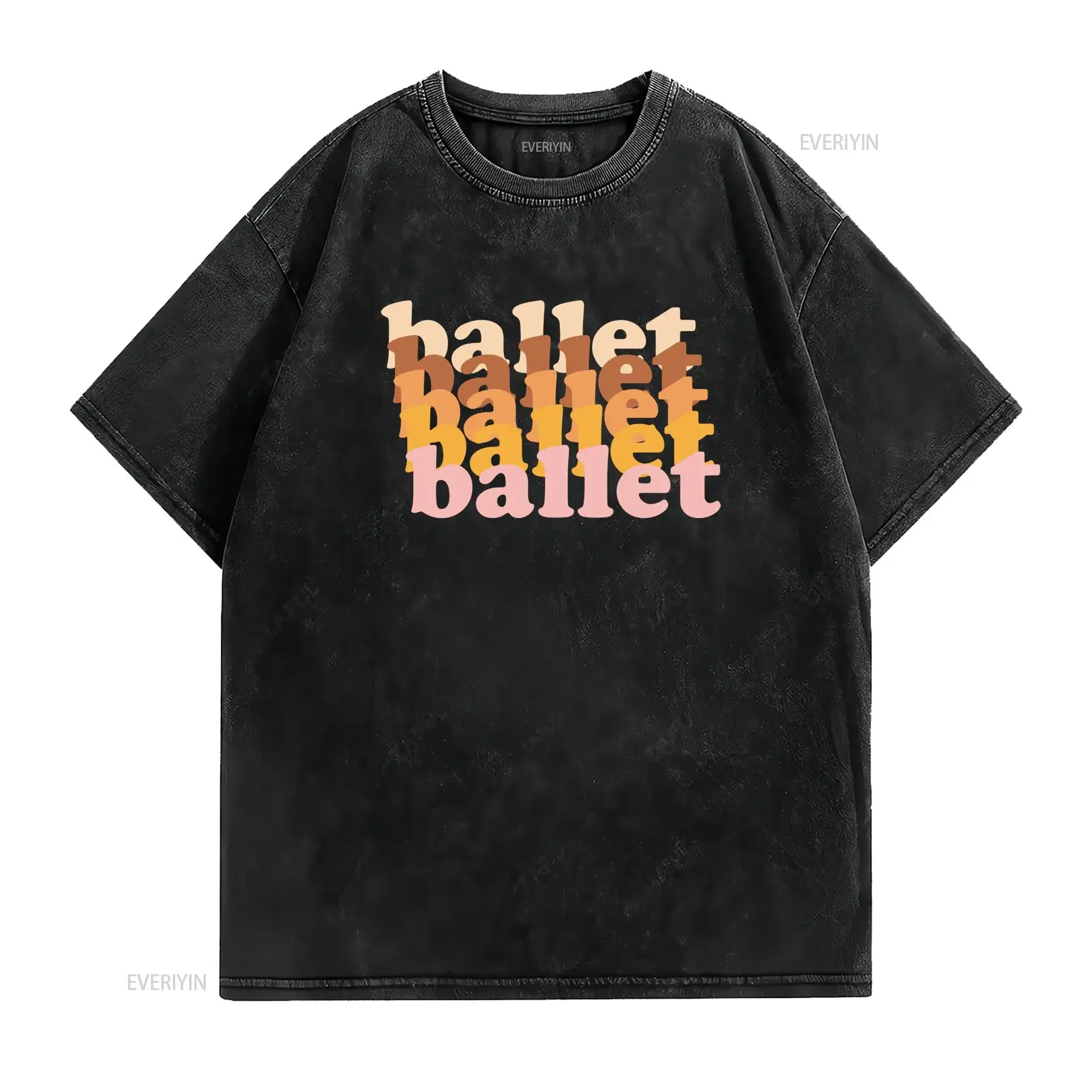 Retro Vintage Ballet Gradient Stacked Letter Print Casual T Shirt vintage Washed Unisex Stylish streetwear Versatile graphic