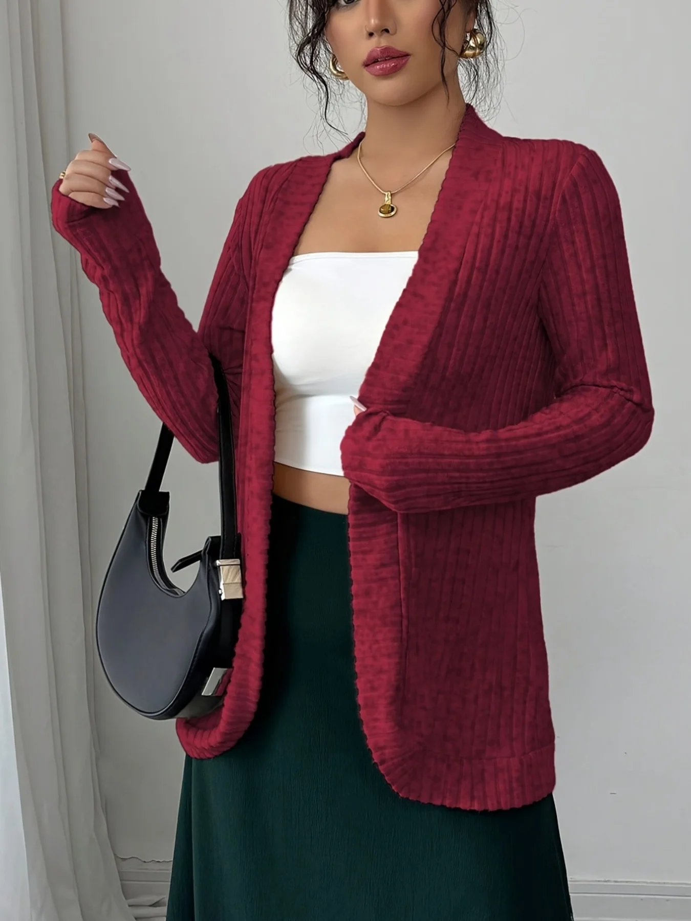 

2025 autumn and winter new fashionable and versatile pit stripe brushed solid color casual cardigan jacket