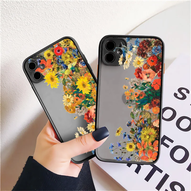 Oil Painting Flower Phone Case For iPhone 15 11 12 13 14 Pro Max Horizontal flower Cases for iPhone X XS XR 7 8 Plus SE2 Cover