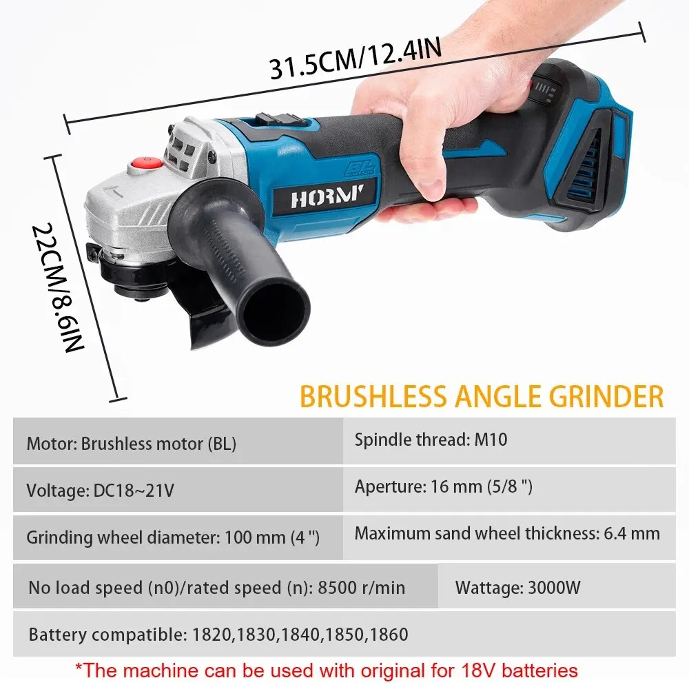 Hormy 100mm M10 Brushless Angle Grinder Cordless Electric Polishing Cutting Machine Polish Power Tool For Makita 18V Battery