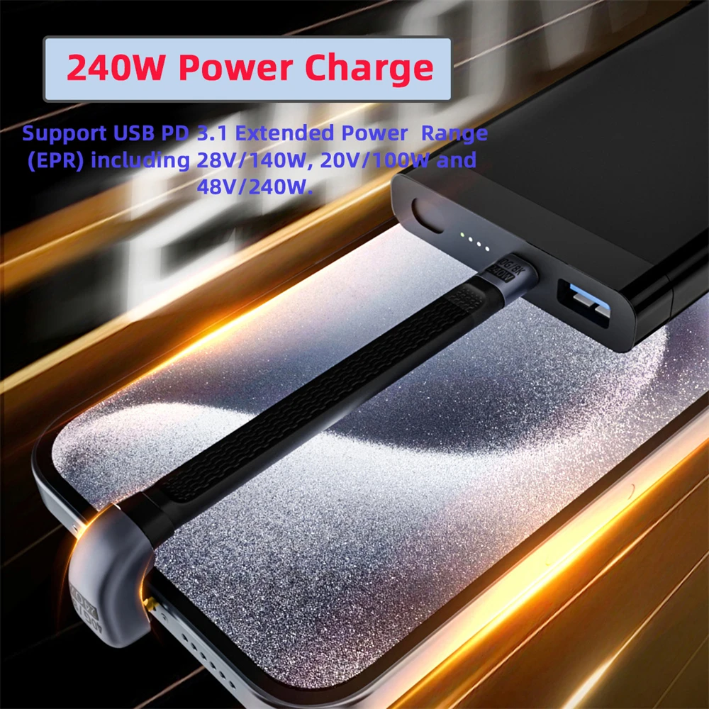 สายเคเบิล USB4 40Gbps 100W 8K ข้อมูล FPC บางแบน240W Type-C USB-C ตัวผู้ไปยังตัวผู้240W Type-C USB-C ตัวผู้กับตัวผู้สำหรับแล็ปท็อปขนาด13ซม.