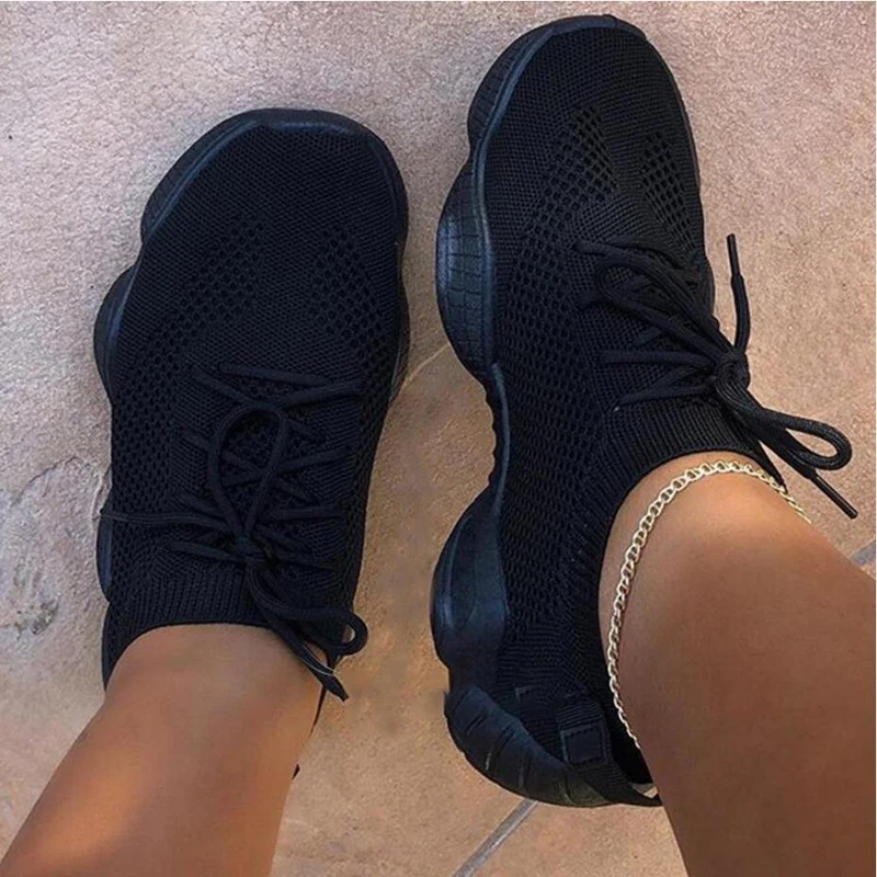 Tênis de plataforma de moda sapatos femininos esporte tênis de corrida verão malha respirável sapatos casuais femininos rendas senhoras vulcanizadas