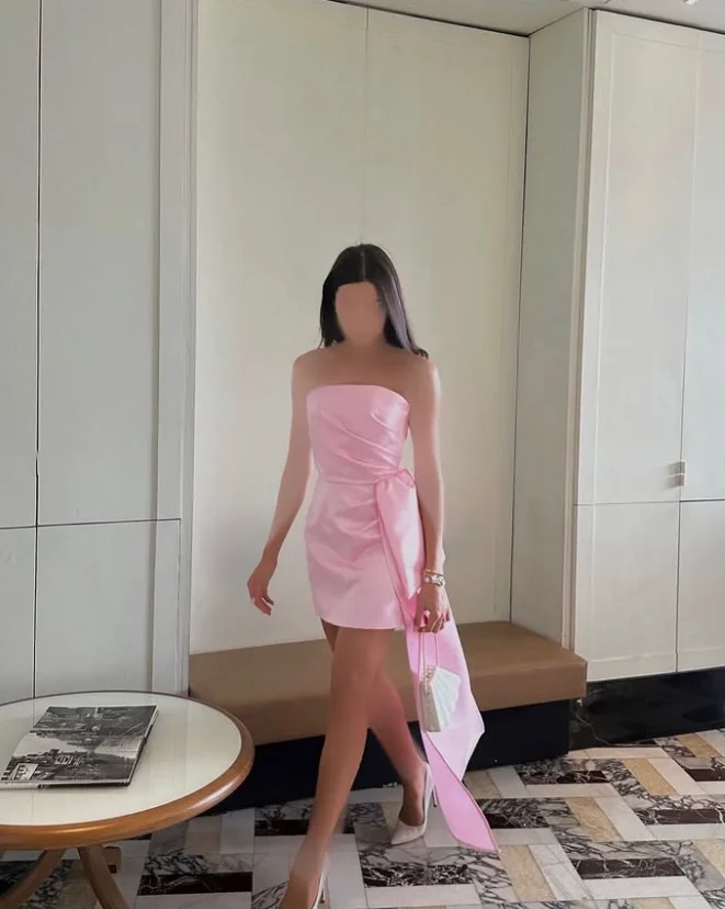 فستان بناتي وردي مخصص عالي الجودة فوق الركبة بدون حمالات وسحاب بدون أكمام للتجاعيد Abendkleid 2025 فساتين سهرة فاخرة