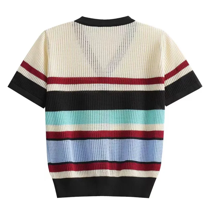 High-end Fashion Design Cut-out Stripe Knit Short Sleeve Women\'s T-shirt Sandros Sweater Cardigan Casual Ice Silk 2024 New