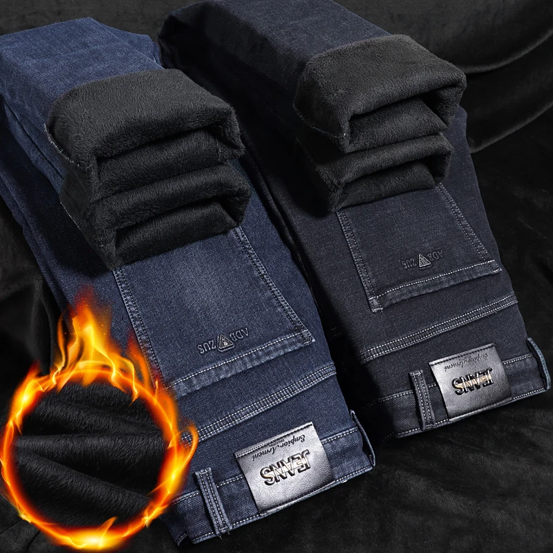 2025 Winter New Fleece-lined Thickened Men's Jeans Stretch Slim Straight All-Matching Warm Velvet Thicken Thermal Denim Pants