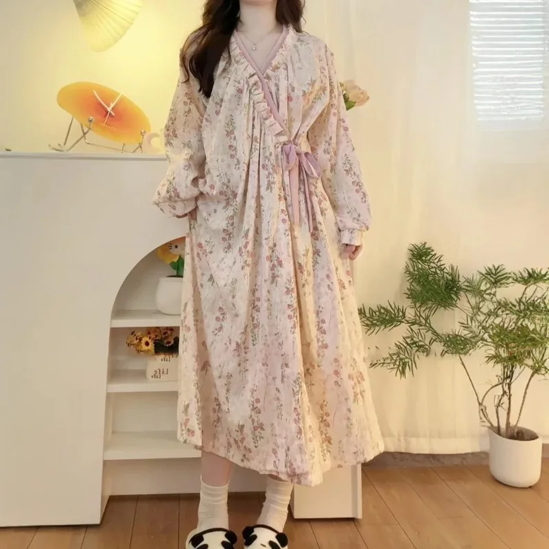 

Spring Autumn Long Sleeve V-neck Sleepwear Women Casual Mid-Length Breathable Comfortable Fashion Leisure Loose Home Clothes