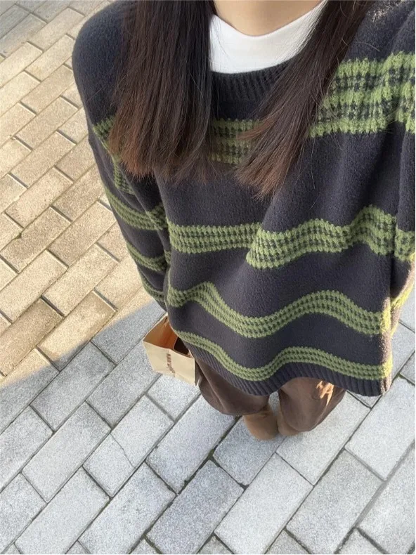 الرجعية اللون Blo المرأة تريكو سترة شريطية ملابس داخلية قاعدة طبقة طويلة Sve جولة Ne منتظم صالح الخريف الشتاء جديد... #3