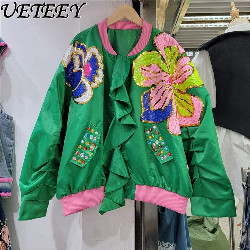 

European Station 2023 Spring Autumn New Design Shoulder Sequined Flowers Lotus Leaf Edge Loose Coat Women's Fashion Jacket