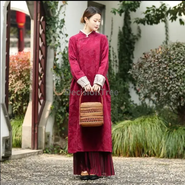 Jesienna etniczna sukienka w stylu vintage, z bawełny i lnu, qipao w stylu chińskim, z długim rękawem, haftowana, codzienna sukienka damska. — zdjęcie 6