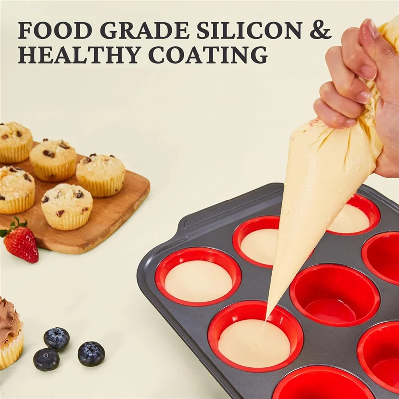 Forma de muffin de silicone com estrutura de metal, moldes de silicone para fazer mordida de ovo para assar, panelas de cupcake 12 tamanho regular-AT64