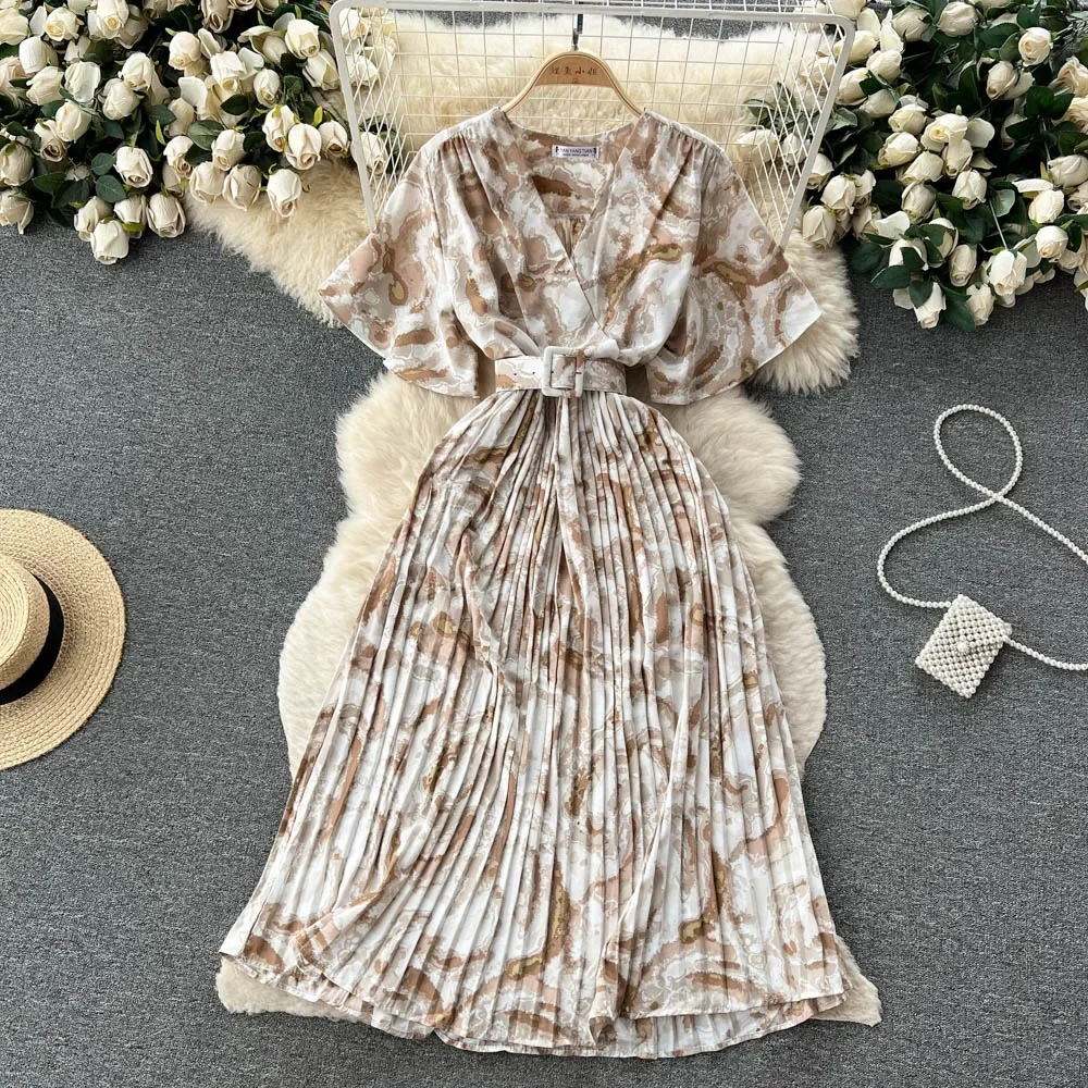 Pink Elegant Solid V-neck Short Sleeve Folds Vestido Women Casual Lace-up Pleated Dress 2024 New Tide Summer