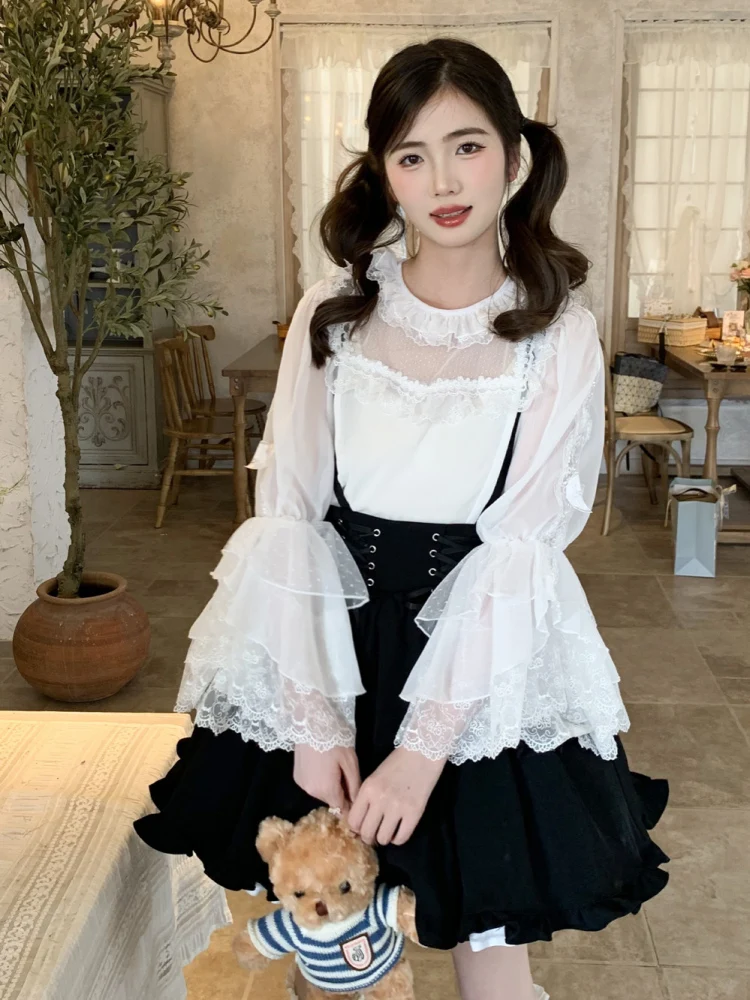 

Whte Lace Patchwork Long Sleeve Blouses 2025 New Lolita All-match Shirt Women Summer Fashion Bottoming Blusas Mujer