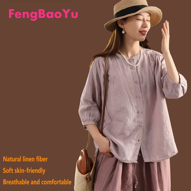 

100% Natural Linen Ladies Shirt, Three-quarter Sleeve Single-Button Blouse, Suitable Summer, Cool, Breathable Wicks Away Sweat