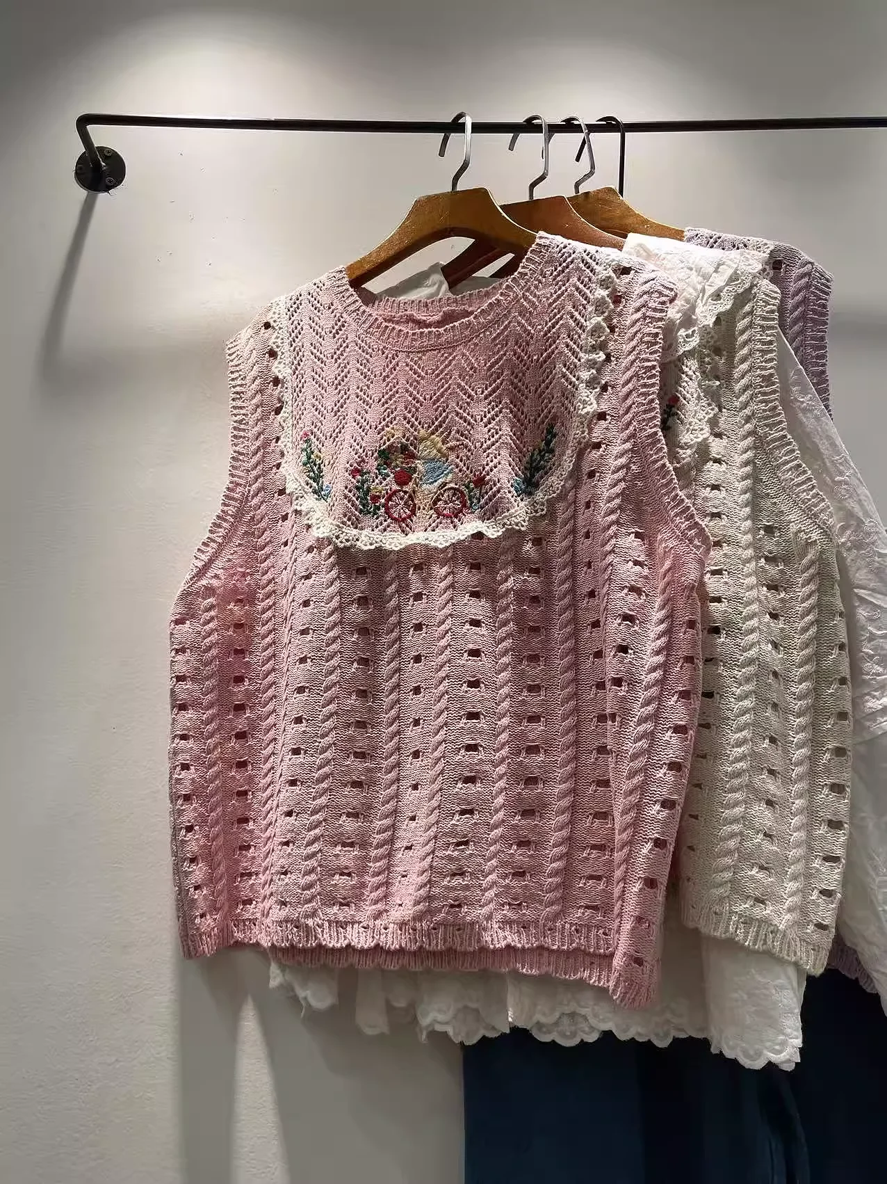 

Mori kei clothing beige pink purple cartoon handmade embroider knit pullover for women sweet sleeveless sweater vest