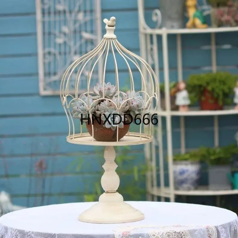 Retro Iron Flower Stand Tall Birdcage Succulent Planter Garden Freestanding Greenery Display Rack Vintage Craft Hanging Basket