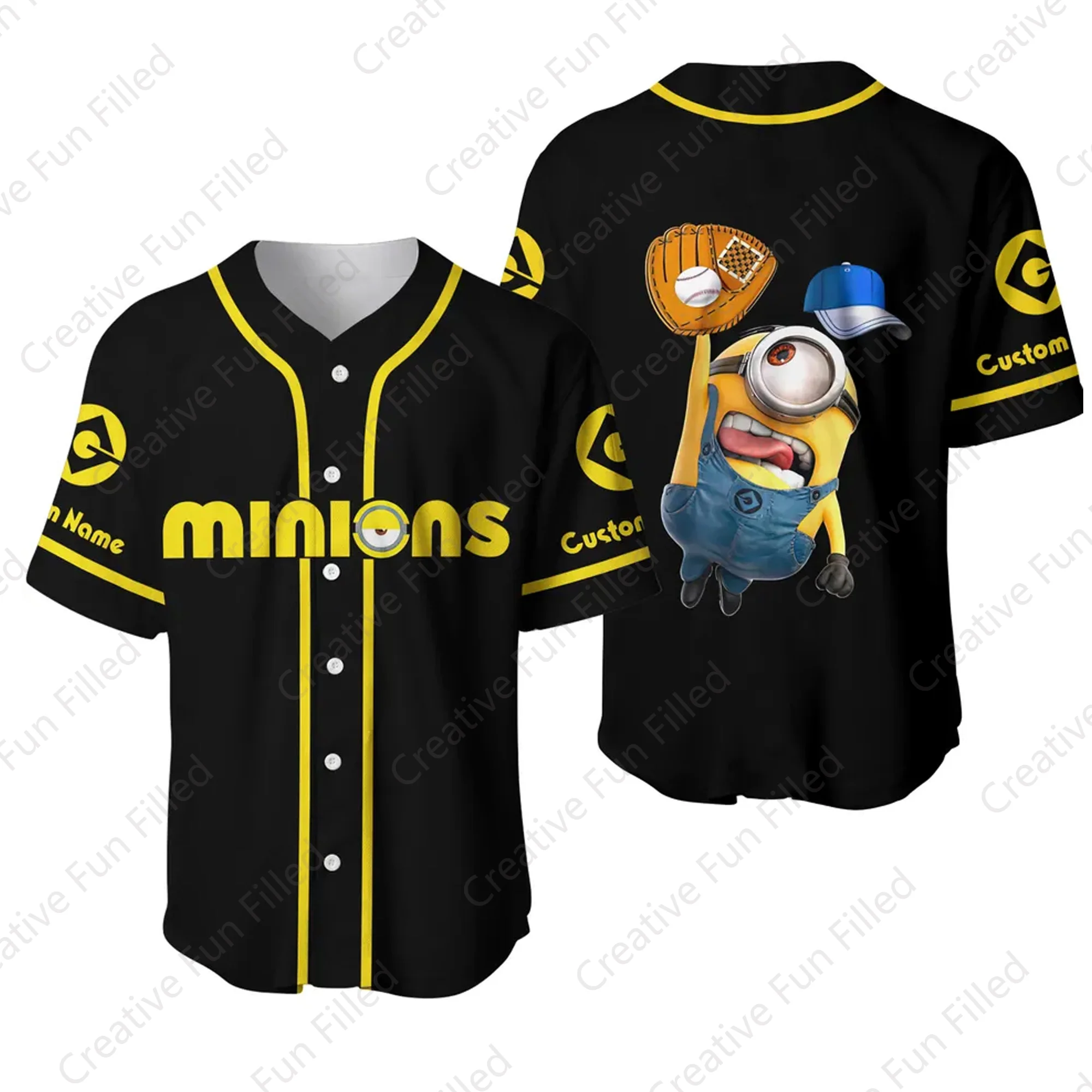 2024 New Summer Baseball Big-eyed Minions Cartoon Casual Vacation Sports outfit Cute oversize Jersey per bambini/adulti kit