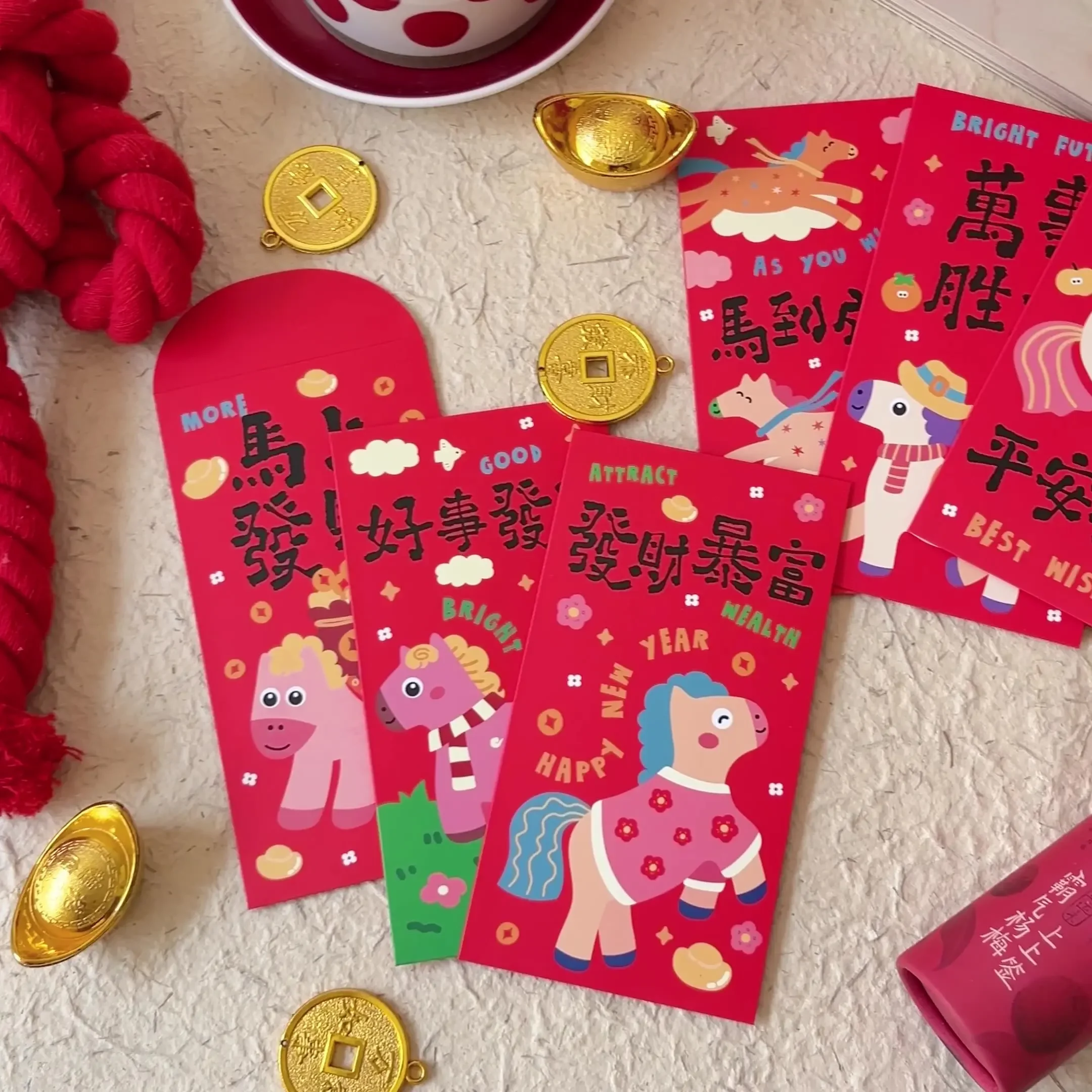 6Pcs/Set Paper 2026 Horse Year Red Envelope Traditional Cartoon Chinese New Year Envelope Lucky Bless Words