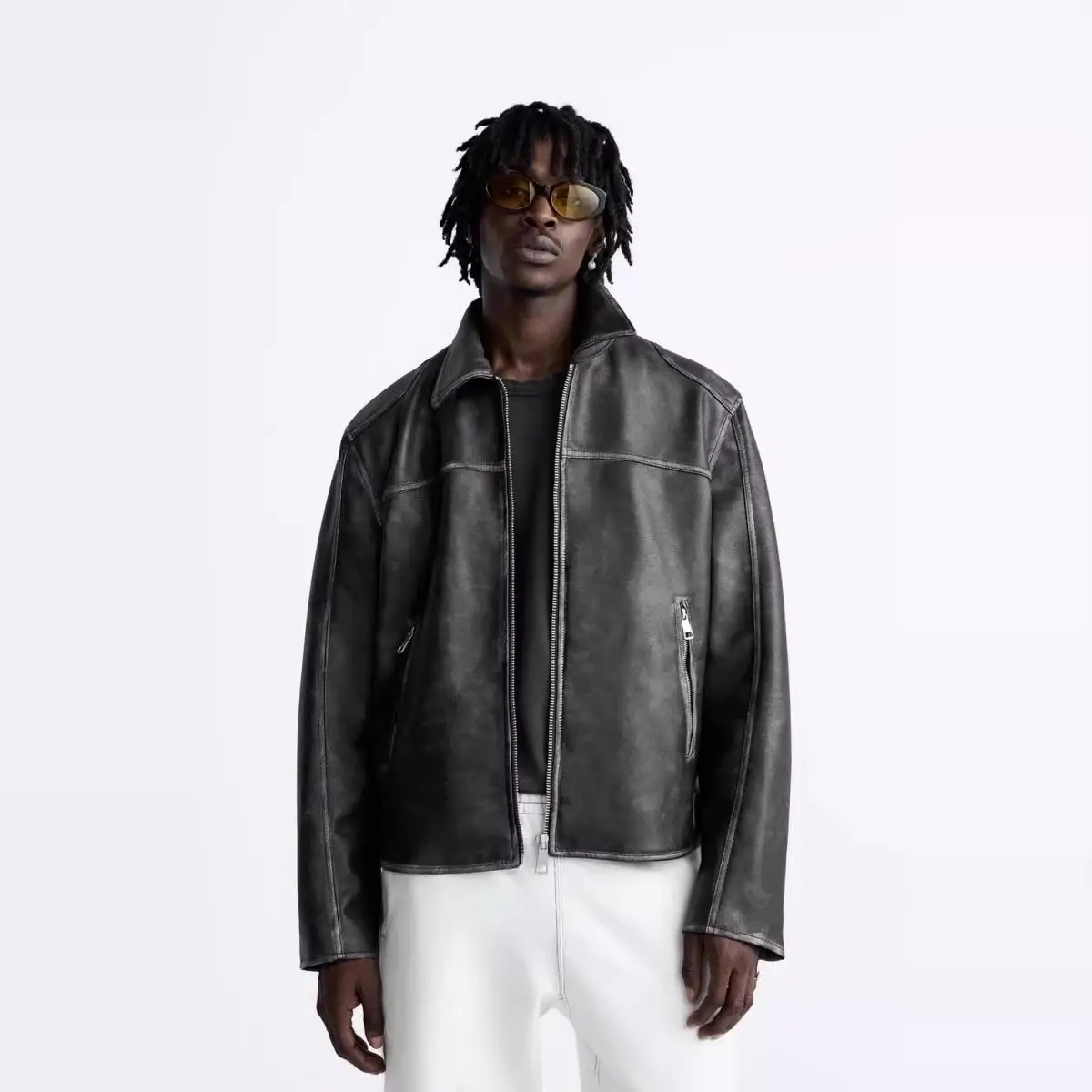 

Autumn New Men's Waed Vintage Leather Jaet Motorcycle Sle Coat Zadv Brand Casual Faion Youth Straight Hem Design