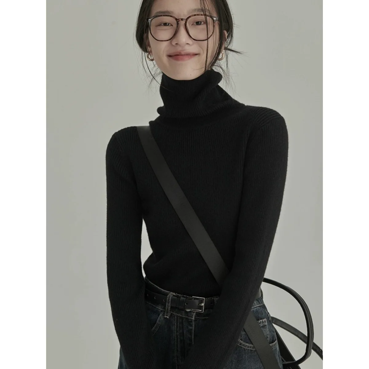 Women Klein Blue Turtleneck Rib Knit Sweater Slim Long Sleeve Soft Warm Winter Basic Layering Undershirt Casual Daily Fitted Top
