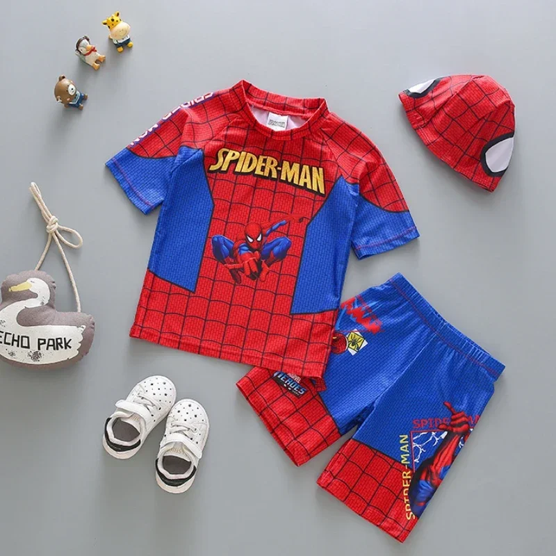 Disney Toddler Baby Boys Clothes Set Aoger Spiderman Print Short Sleeve Tops Elastic Waist Swim Hat Kids 3Pcs Bathing Suit