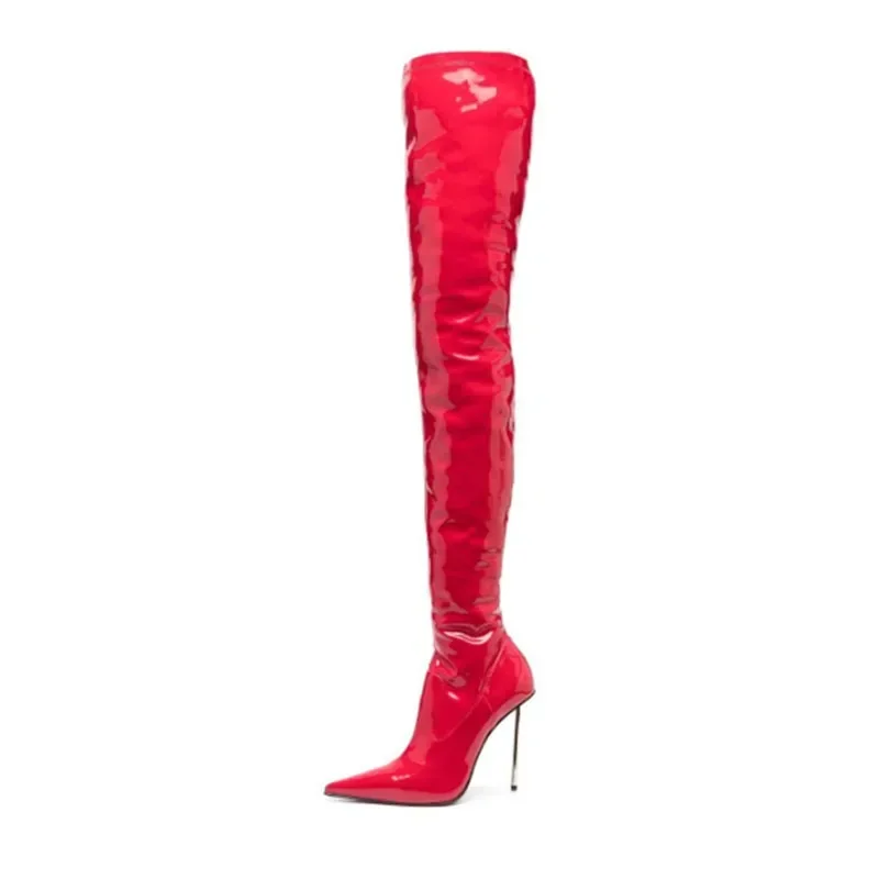 

Arden Furtado 2024 Patent Leather Thin Heels Over The Knee Boots Pointed Toe Sexy Super High Heel Side Zipper Modern Boots 41 42