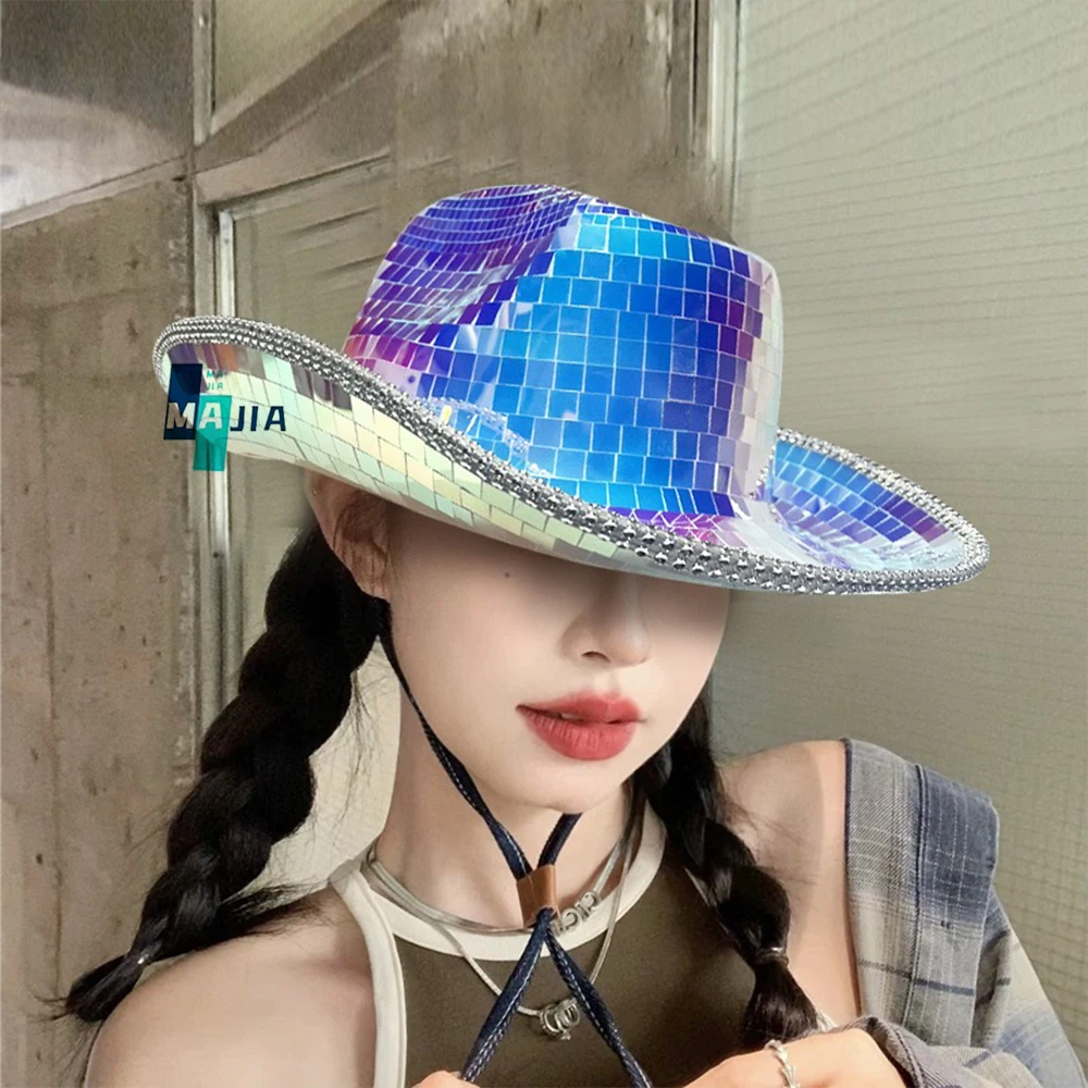 

Vintage Gradient Mirror Cowboy Hat for Men And Women Western Style Party Stage Outdoor Knight Laser Cut Design