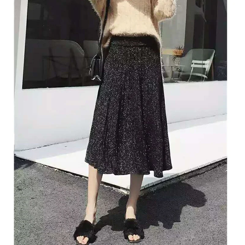 High Waist Long Knit Warmth Skirt Midi Length Clause Solid Color Skirt Women Winter Autumn Korean Fashion Shining Pleated Skirts