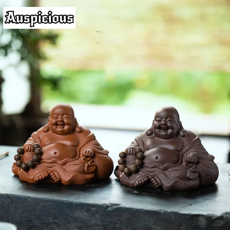 High-end Purple Clay Sculpture Tea Pet Maitreya Buddha Statue Tea Figurine Ornaments Handmade Home Tea Set Decoration Art Gift