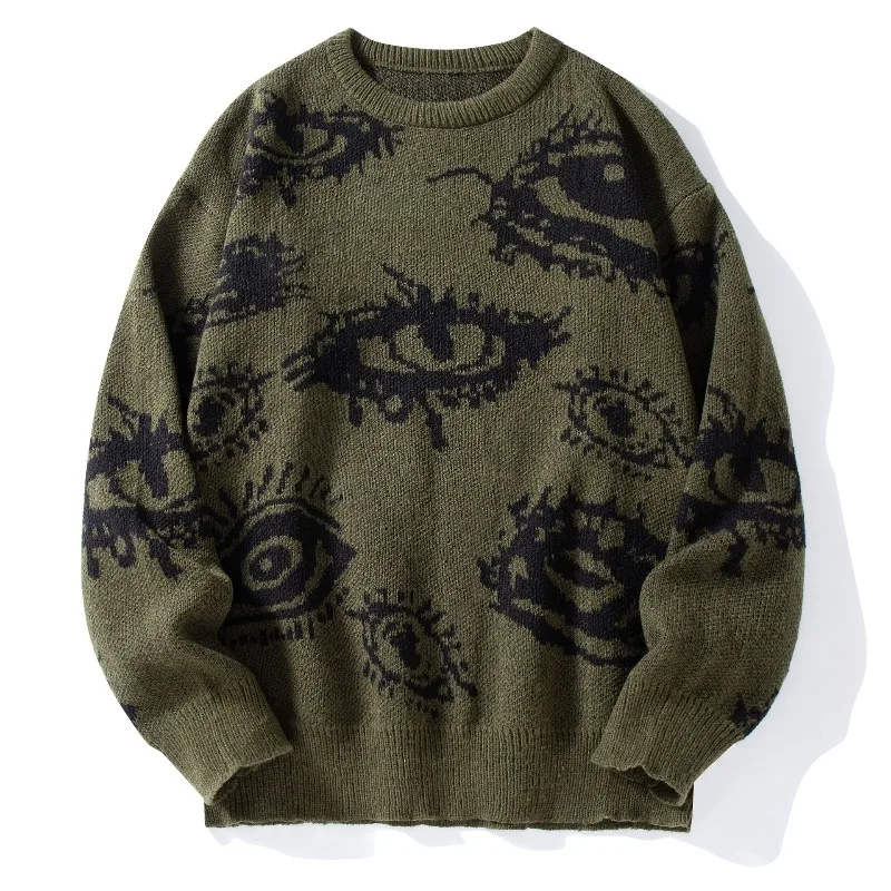 Trendy Streetwear Style Crewneck Hippie Graphic Black Pullovers Vintage Jacquard Pattern Sweater Classic Knitted Men's Pullover