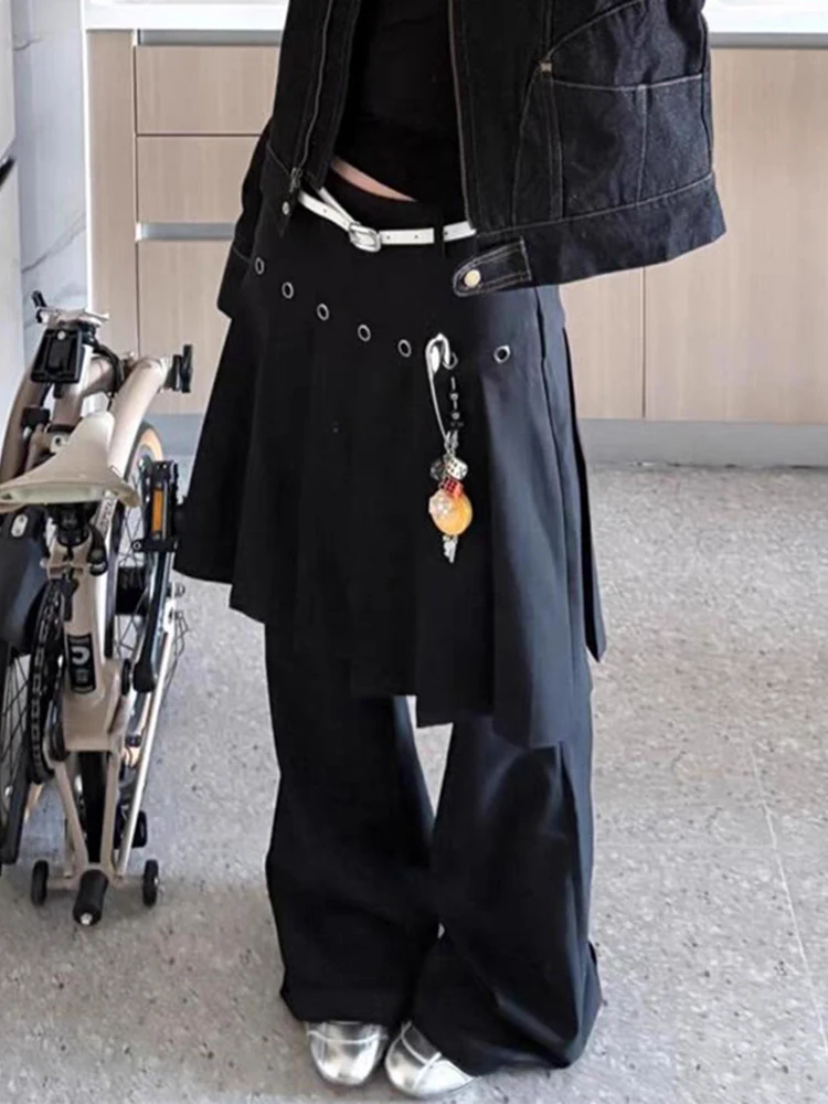 RORORIRI Eyelets Black Pleated Skirt Layered Bell Bottoms Women Casual Plain Mock Wide Leg Bootcut Suit Pants Punk Retro Clothes