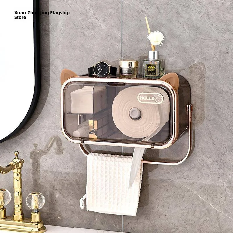 Bathroom Wall Mounted Tissue Box Luxury Electroplated Storage No Punching Paper Drawing Box Multi-Function Storage Box