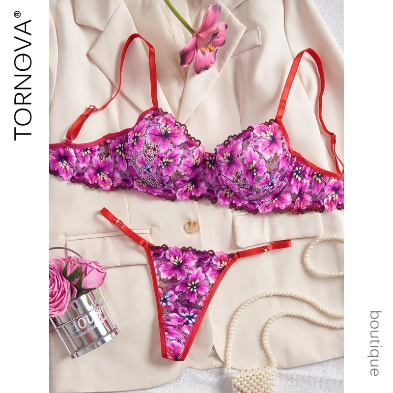 

Tornova Fancy Erotic Underwear with Panty 2PCS Women Charming Sissy Lace Printing Steel Ring Gather Together Thin Model Bra Set