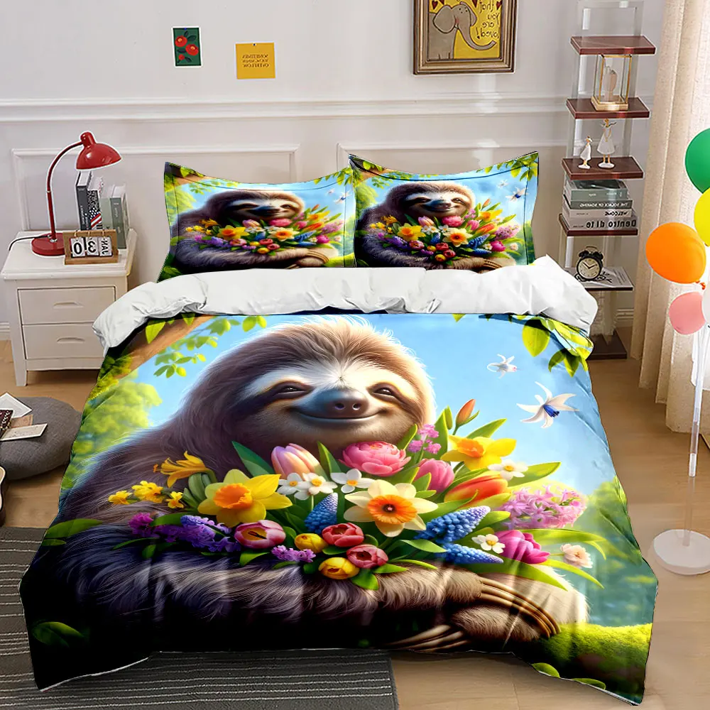 Sloth Holding Vibrant Bouquet Pattern Duvet Cover Set Digital Print Colorful Polyester Bedding with Zipper Closur for kids gifts