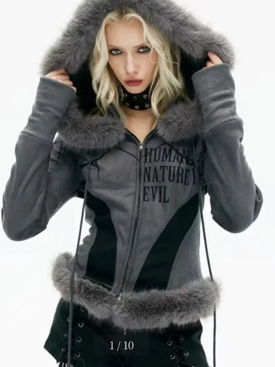Gothic Faux Fur Collar Hooded Coat Grey Black Spider Line Pattern Letter Print Figure Contouring Cropped Zip Up Aesthetic Piece