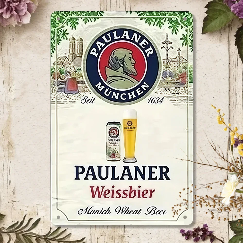 Vintage Paulaner Munchen Weissbier Retro Aluminum Tin Sign, 2D Flat German Beer Wall Art for Beer Enthusiast Home Decor